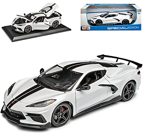 alles-meine.de GmbH Chevrolet Chevy Corvette C8 Singray Coupe Weiss mit Streifen in Schwarz Ab 2020 1/18 Modell Auto mit individiuellem Wunschkennzeichen