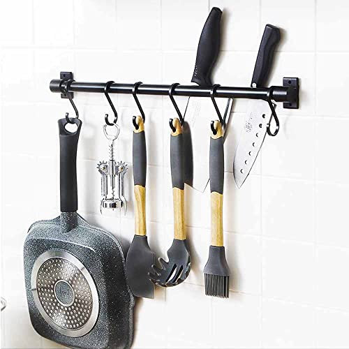Melairy 40CM Hakenleiste für Küche Badezimmer ohne Bohren Selbstklebend Küchenreling Hängeleiste Aluminium Küchenutensilien mit 6 beweglichen Kleiderhaken Schwarz
