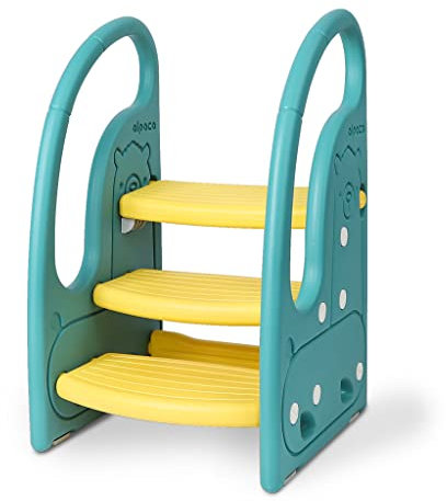 Onasti Taburete Niños, Taburete de 3 Pasos para Bebé, Taburete para niños pequeños, Altura Ajustable, Multifunción y Antideslizante Cocina, Cuarto de Baño (Verde)