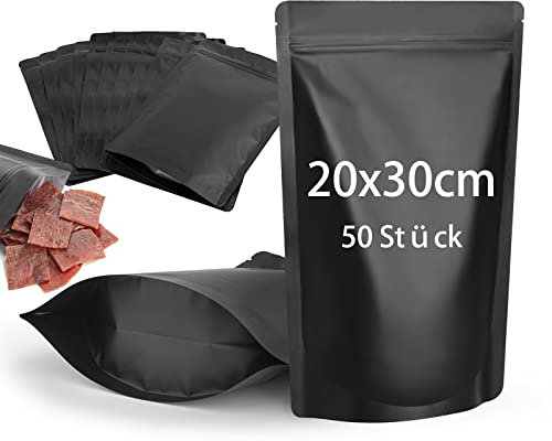 CANLENPK 50 Stück Wiederverschließbare Mylar Beutel,Standboden Beutel,Reißverschluss Folien Tasche,Lebensmittel Aufbewahrung, Matte Aluminiumfolie Hitzeversiegelbare Myla Bag(Schwarze,20 x 30 cm)