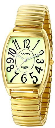 JewelryWe Uhren Herren Analog Quarz Armbanduhr Klassisch Rechteckig Elastisch Legierung Armband Beiläufige Uhr Herrenuhr mit grünem großen Digital Zifferblatt Gold