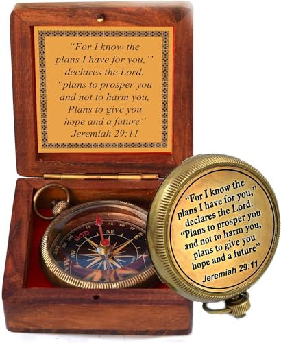 TA dizayn Kompass mit Messinggravur und Holzbox, Jeremia 29:11, christliches Geschenk für Männer, Frauen und Kinder – perfekt für Taufe, Abschlussfeier, Vatertag und mehr