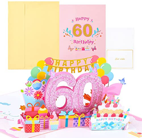 Joyoldelf 60. Geburtstagskarte, Pop Up Grußkarten, 3D Pop Up Karte Geburtstag Grußkarte, Geburtstagskarten mit Umschlag für Frauen Mütter Mädchen Männer Freunde Romantik Geschenk-Karte