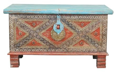 Oriental Galerie Shabby Chic Holztruhe mit Messingbeschlag Schatztruhe Truhe Kiste Box Holz Indien Massiv Antik-Optik Türkis Rot 80 cm