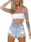 Damen Sexy Shirts Mesh Sheer Glitter Pailletten Langarm Cover Up Y2K Flare Sleeve Cropped Top Rollkragen Button-Down Shirt Streetwear (B-White, XL)