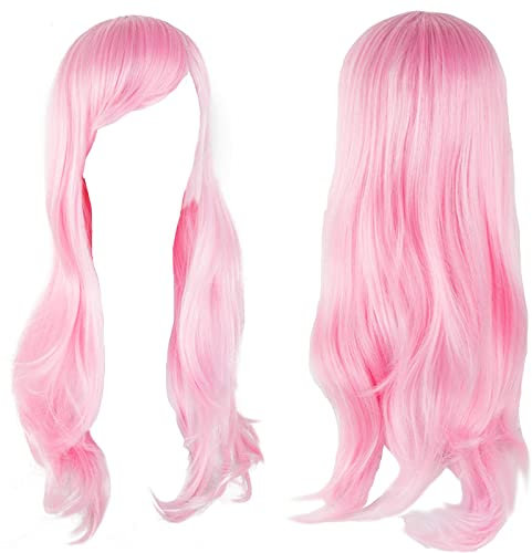 Lange Lockige Perücke, 28 Zoll/70cm Rosa Cosplay Perücke für Frauen, Perücken mit Pony, Damen Perücke Lang, geschichtete, für Alltag Anime Cosplay Kostümparty Halloween Karneval