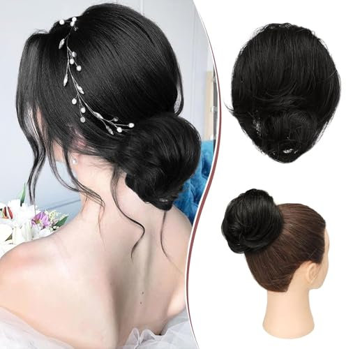 RUWISS Haarteil Lang Dünn Glattes Tousled Updo Bun Rea Echthaar Elegante Haarteile Haargummi Lang Scrunchie Verlängerungfür Damen,25g,Aus Schwarz