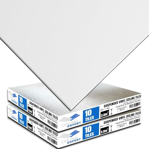 Suspended Vinyl Ceiling Tiles 595mm x 595mm - EASYCLEAN & Wipeable 600 x 600mm Pack of 20 Tiles for 7.2m2 Area
