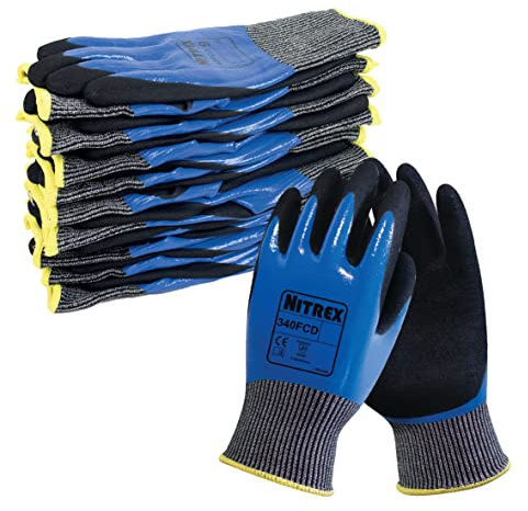 NITREX 340FCD Work and Safety Gloves, Bag of 10 Pairs - F Rated Cut Resistant Gloves with Sandy Nitrile Palm Coating in Black/Blue, Size 8