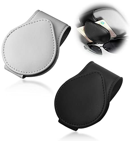 TIMJJG 2pcs Auto Brillenhalter, Leder Auto Sonnenblende Zubehör, magnetischer Brillenhalter, für Brillen, Kreditkarten, Visitenkarten (Schwarz, Grau)