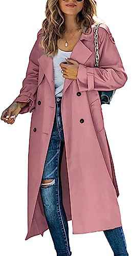 shownicer Femme Manteau Jacket Bouton Revers Long Veste Trenchcoat Manches Longues Cardigan Blazer Manteau OL Couleur Unie Parka Trench-Coat Automne Et Hiver B Rose L