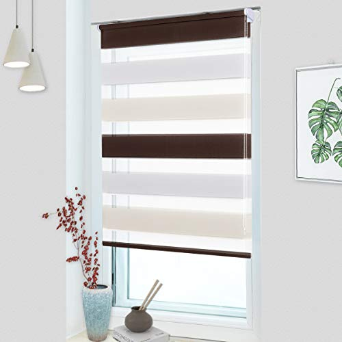 MupFup Doppelrollo Klemmfix ohne Bohren,Duo Rollo Klemmrollo Weiß-beige-braun 90 x 120cm(BxH), Lichtdurchlässig & Verdunkelnd Fensterrollo für Schlafzimmer, Badezimmer, Wohnzimmer Fenster und Tür