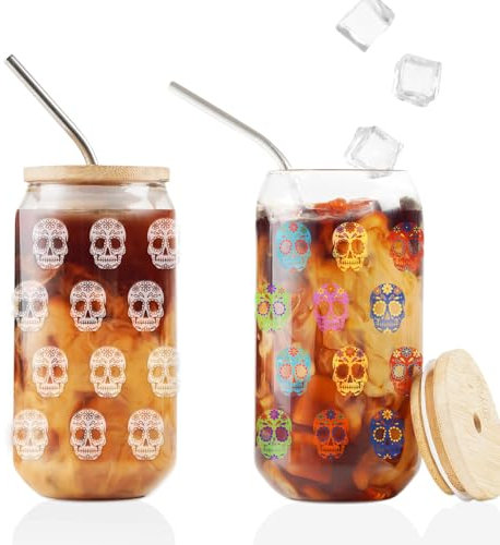 Onebttl Sugar Skull Gifts on Day of the Dead, Cold Temperature Change Glass Cup with Bamboo Lids and Glass Straw, 16oz Skull Printed Beer Can Glasses