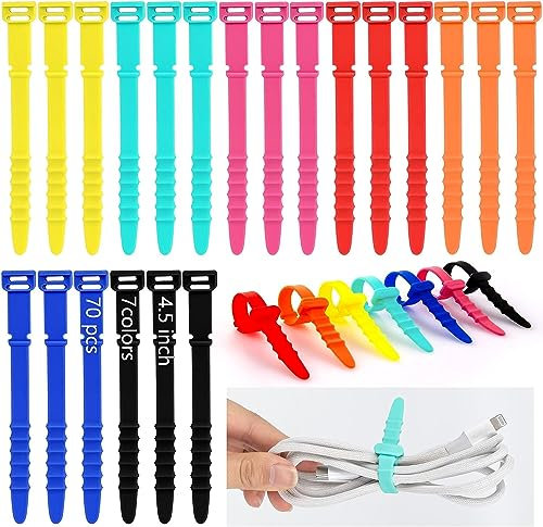 70pcs Silicone Zip Ties, Colorful Elastic Zip Ties, Silicone Reusable Cable Ties for Cable Management for Keeping Your Cords Tidy and Untangled for Bathroom Home Office Desk Area, 4.5 inch