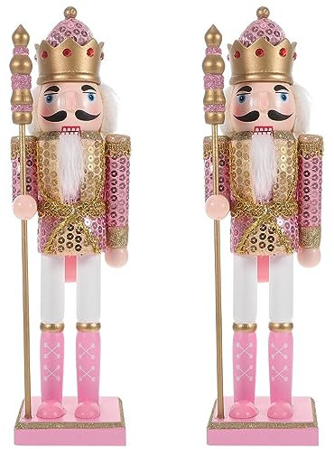 Cascanueces rosa de Garneck: par de adornos navideños de cascanueces, hermoso cascanueces con bastón estatua de cascanueces con purpurina (11,79 PULGADAS)