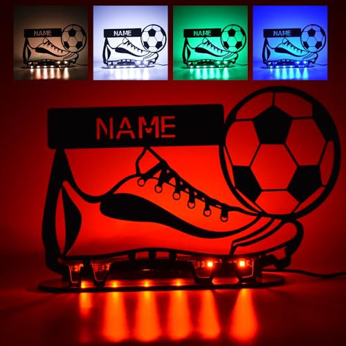 LEON FOLIEN LED RGB Tischdeko Fussball Lampe personalisiert mit Namen für Kinder Jungs Mädchen Junge zum Geburtstag Nachtlicht Schlummerlicht Geschenk Deko MDF Holz