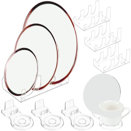Domensi 2 Pcs 3 Tiers Acrylic China Plate Display Stand Clear Dinnerware Easel Plate Holder for Display with 2 Pcs Transparent Plastic Tea Cup Stand for Kitchen Utensils Tableware