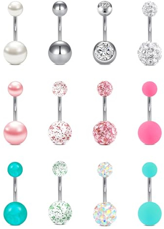 FECTAS 12pcs Bauchnabelpiercing 6/10/12/14mm Chirurgenstahl Bauchpiercing Piercing Bauchnabel Schmuck 14G Silber Rosa Grün