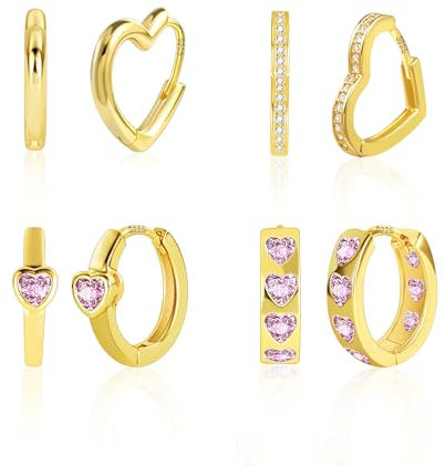 ASH'S CHOICE 4 Pairs Heart Earrings - 14K Gold Plated Small Cartilage Huggie Hoops With Pink Zircon