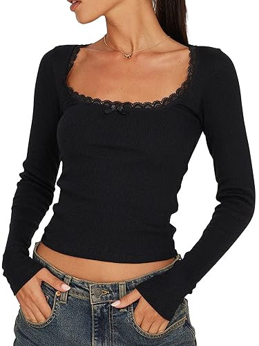 Women's Slim Fit Crop Tops Casual Solid Color Crew Neck Long Sleeve Tight T-Shirt Basic Blouse Tee Tops (WA Lace Black, M)