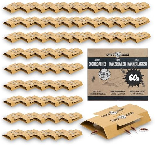 Super Ninja Trampas para Cucarachas – Pack de 60 Unidades, Trampa Adhesiva con atrayente Natural, Mata cucarachas sin tóxicos, Ideal para casa, Cocina, Garaje y despensa, duración hasta 3 Meses