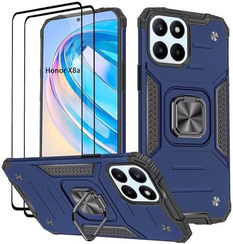 KANSi Hülle für Honor X8a, Schutzfolie [2 Stück] Silikon TPU Hart PC Handy Hüllen 360 Grad Drehbar Ringhalter Bumper Stoßdämpfung Schutzhülle - Blau