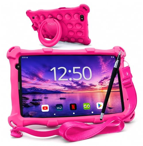 AngelTech Kindertablet Pro Max - Android 16 Kinder Tablet mit Kindersicherung - 8 Zoll HD 2025-4GB RAM + 4GB virtuell, 64GB ROM - Tablet für Kinder mit Schutzhülle - Rosa/Pink