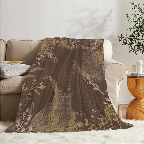 Flanell Wohndecke Kuscheldecke Retro-Blumenmuster 230x270 Große, Kaffeebraun Sofa Decke Weiche mit Motiv, Microfaser Fleecedecke Plaid Decke Wohnzimmer Couch