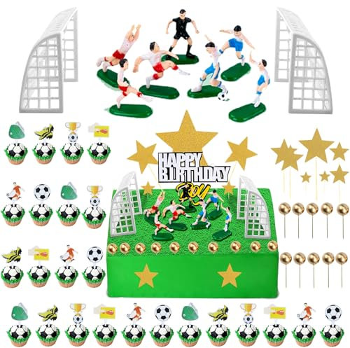 Football Theme Cake Party Decorations Set-51Pcs, Football Cake Topper Decorations, Football Cupcake Toppers Birthday Theme Party, Golden Star-Orbicular Cupcake Toppers for Boys and Girls