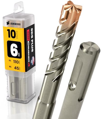 SDS Plus Hammerbohrer 4X Schneiden PGM Ø 6.0mm x 45mm - AMBOSS Werkzeuge SDS Crusher 4 - HM Betonbohrer Hartmetall Profi Bohrer 6.0 mm x 45 - Steinbohrer Stahlbeton Mauerwerk Ziegel Kalksandstein