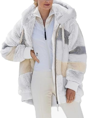 ABINGOO Damen Mantel Kapuzenjacke Winterjacke Mode Warm Hoodie Pullover Jacken Reißverschluss Plüschjacke Fleecejacke Oberteile(Weiß,L)