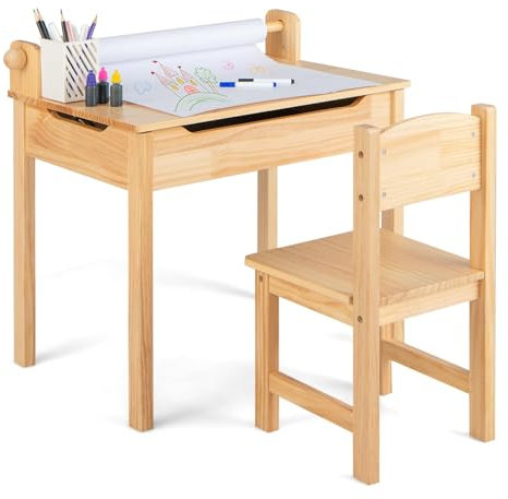 COSTWAY Kinderschreibtisch mit Stuhl, Kindertisch mit klappbarer Tischplatte, Jugendschreibtisch mit Papierrollenhalter & Markern, Schülerschreibtisch für Kinder ab 3 Jahren (Natur)