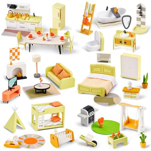 Giant Bean Kit de Meubles de Maison de Poupée en Bois, 85 Pièces, Maison de Poupée Moderne avec 6 Pièces, Accessoires de Poupée, Jouets pour Garçons, Filles et Tout-Petits de 3 Ans et Plus