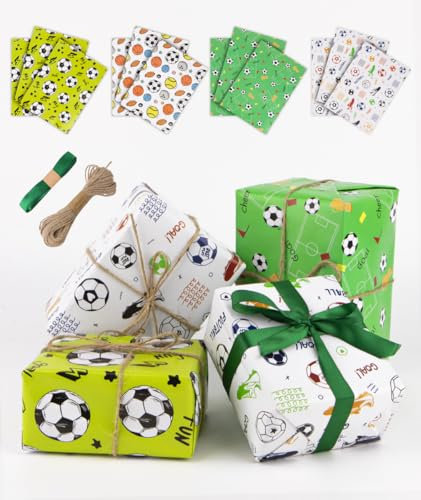 Cartlant 12 Bögen Geschenkpapier Fußball, Kinder Fussball Geschenkverpackung Papier mit Geschenkband und Juteband für Geschenke, Geburtstag Wrapping Packpapier Set für Junge Mädchen, 70x50 cm