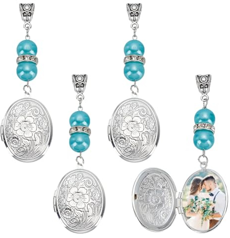 FREEBLOSS 4 Stück Hochzeitsstrauß Charm Perlen Foto Charms Bouquet Memorial Charm Bouquet Charm Brautstrauß Charm Hochzeitsstrauß Foto Charms Braut Lacy Oval Foto Charm