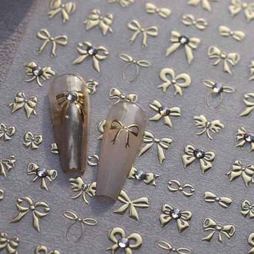 JMEOWIO 3D Nagelsticker Goldene Schleife Nail Art Sticker Selbstklebend Nagelaufkleber 5D Stereoskopisch Dekoration Nageldesign Zubehör 1 Blatt