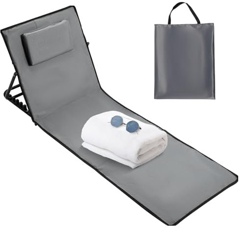 Ikodm Strandmatte faltbar,strandmatten gepolstert,Strandliege mit Handtasche,Staufächern,eingebautes Kissen mit 5-Gang-Einstellung, verschleißfestes Gewebe(158cm,dunkelgrau)