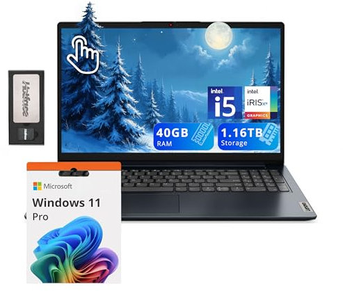 Lenovo IdeaPad 1i Ordinateur portable à écran tactile FHD 15,6, Intel i5 1235U, 40 Go de RAM, 1,16 To de stockage (SSD 1 To + station d'accueil 160 Go), carte graphique Intel Iris Xe, caméra HD