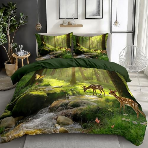 Generisch Naturlandschaft Wald Tiere 3D Druck Bettbezug, Naturliebhaber Wende Bettwäsche Set 135x200cm Dunkelgrün Bettwäsche 3 Teilig Mit Kissenbezug Kinder Erwachsener Reißverschluss Bettdeckenbezug
