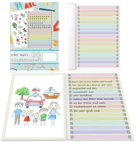 jiawaggag Geschichtenheft 2. Klasse Din A4 2G Schreibheft Lineatur 2 Farbig Liniert für Schreiben und Malen 16 Blatt 80 g/qm