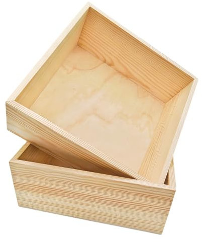 Anktily 2 Pack Unfinished Wooden Craft Storage Organiser Boxes, 20 x20 x 8 cm Square Wood Box, Rustic Natural Wood Container Box for Home Venue Decor