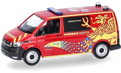 Herpa Modellauto VW T6.1 Bus Feuerwehr Rostock, Miniatur im Maßstab 1:87, Sammlerstück, Made in Germany, Modell aus Kunststoff