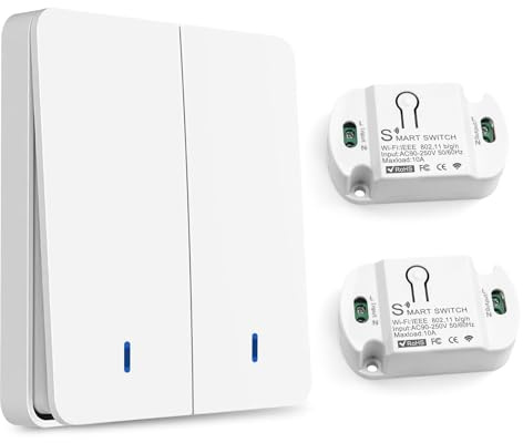 HNCY Funkschalter 230V, RF 433Mhz Funk Lichtschalter, 2 Taste Funkschalter Licht Set mit 2 Empfänger, Lichtschalter Funk Sender Sicherheitsschalter und Empfänger Controller 10A, Keine Verkabelung