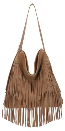 EVEOUT Women's Oversized Fringe Hobo Bag Synthetic Suede Slouchy Boho Shoulder Bag Large Capacity Western Style Crossbody Purse with Tassel