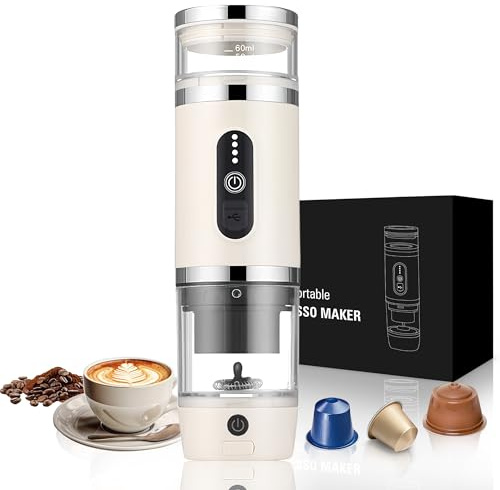 Bostar Tragbare Kaffeemaschine mit Milchaufschäumer, 3 in 1 Elektrische Kaffeemaschine Espresso Maker für Kleine Große Kapseln Gemahlen für Büro Reisen Camping (Beige)