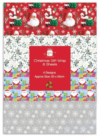 Weihnachts-Geschenkpapierbögen - 8 Stück Geschenkpapier-Set 4 Festliche Designs Recycelbares Geschenkpapier Weihnachtsmann Schneeflocke Stechpalme - 50 x 50 cm Weihnachtsgeschenke Familie Giftmaker