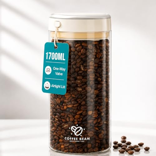 Xygobla Glass Coffee Bean Storage Container | Clear Borosilicate Glass Coffee Canister 1700ML with One-Way Valve, Airtight Lid & Date Tracker for Beans, Tea & Nuts