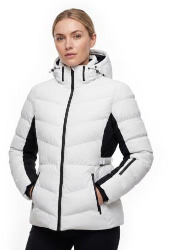Spindle Womens Ladies Hooded Black Short Quilted Padded Puffer Jacket Coat | Zip Side Pockets | Removable Hood | Fleece Lined Body and Hood | Fitted Puffer Jacket for Women Black and White