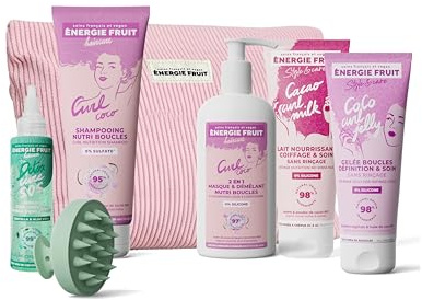 ENERGIE FRUIT – Coffret Cadeaux Curl Detox Cheveux Bouclés – 6 produits + Trousse Offerte – Shampoing, Masque, Sérum Cuir Chevelu, Gelée Définition, Lait Coiffant Nourrissant et Brosse Moussante