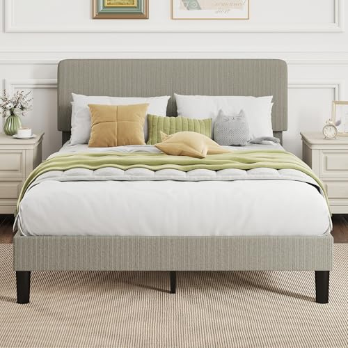 HOMCOM Cadre de lit 140 x 190 cm avec sommier, tête de lit réglable, rembourré en Velours côtelé, Support à Lattes en Bois, Espace de Rangement au-Dessous, sans Bruit, Montage Facile, Gris